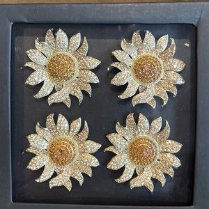Tahari Thanksgiving Fall Sunflower Gold Rhinestone Napkin Rings Set Of 4